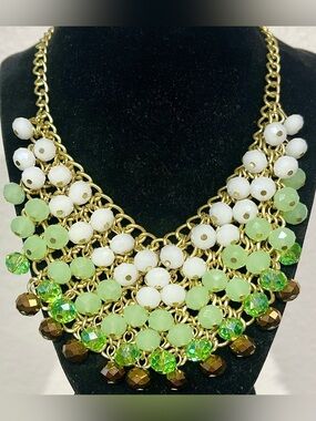 Vintage Gold Chain Statement Necklace with White, Light Green and Brown Beads